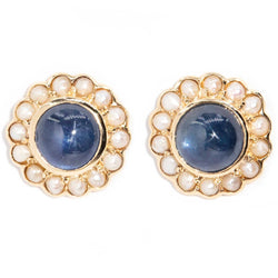 Mildred Blue Sapphire Cabochons & Pearl Earrings 9ct Gold Earrings Imperial Jewellery 