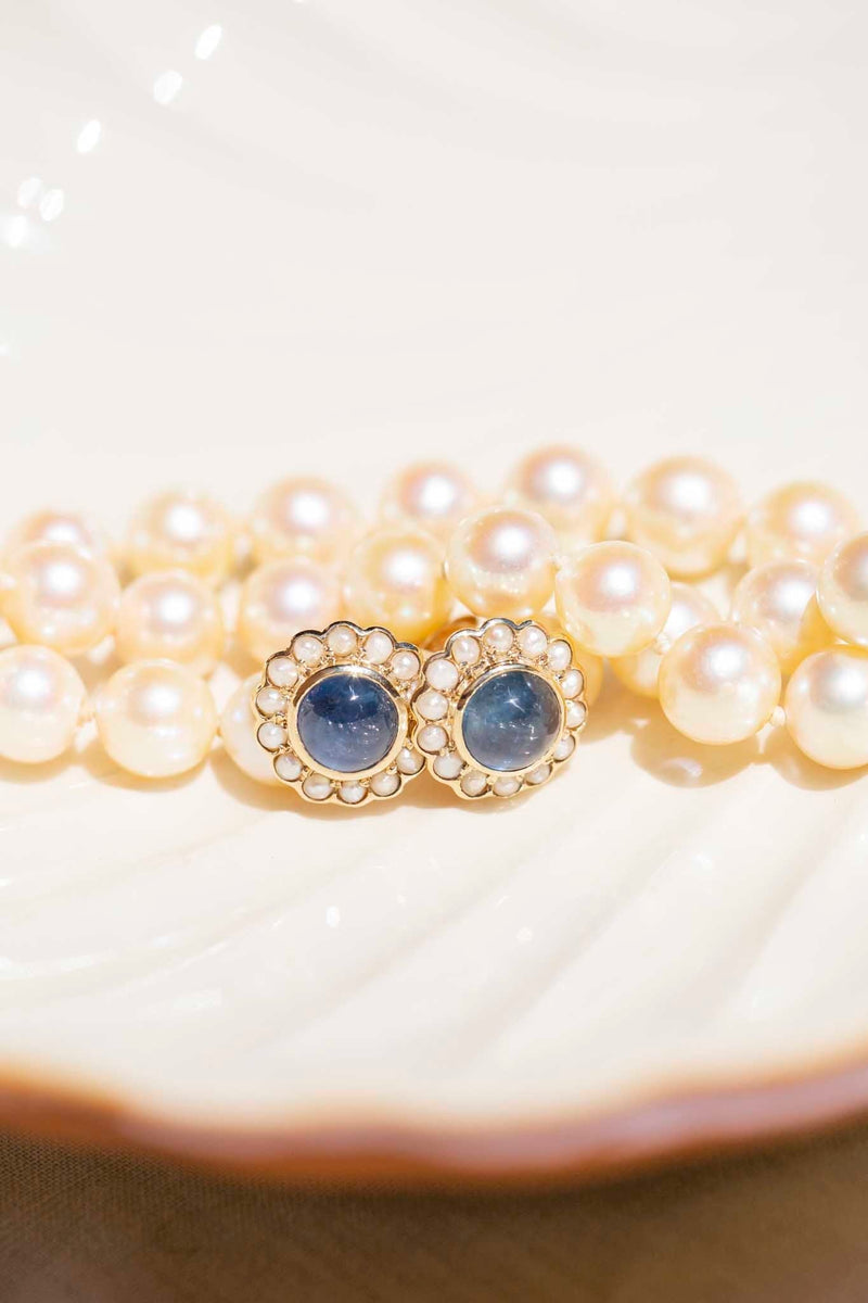 Mildred Blue Sapphire Cabochons & Pearl Earrings 9ct Gold Earrings Imperial Jewellery 