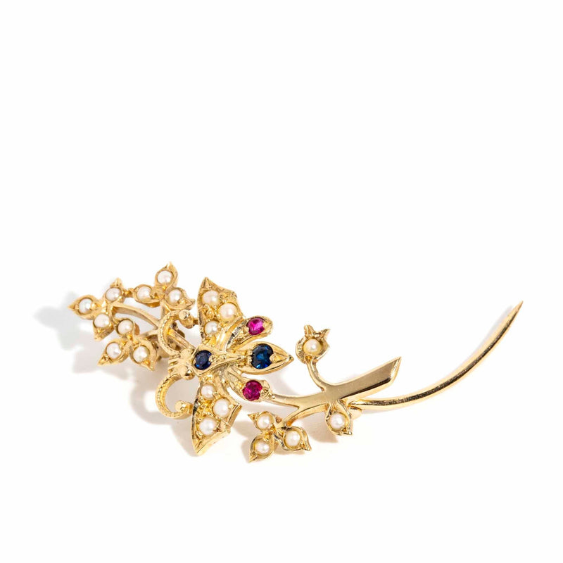 Mira 1987 Sapphire Ruby Seed Pearl Butterfly Brooch 9ct Gold Brooches Imperial Jewellery 