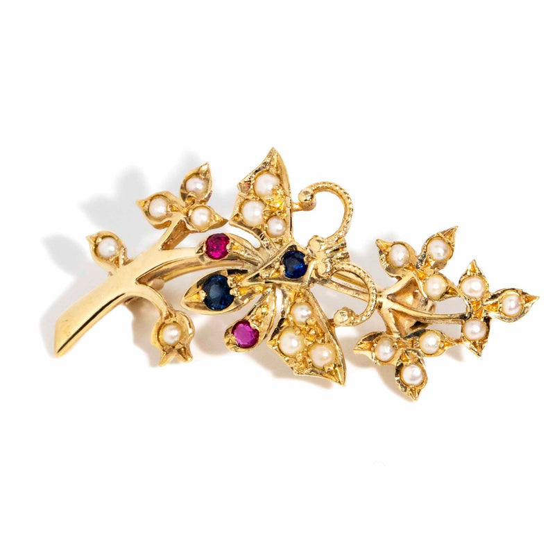 Mira 1987 Sapphire Ruby Seed Pearl Butterfly Brooch 9ct Gold Brooches Imperial Jewellery Imperial Jewellery - Hamilton 