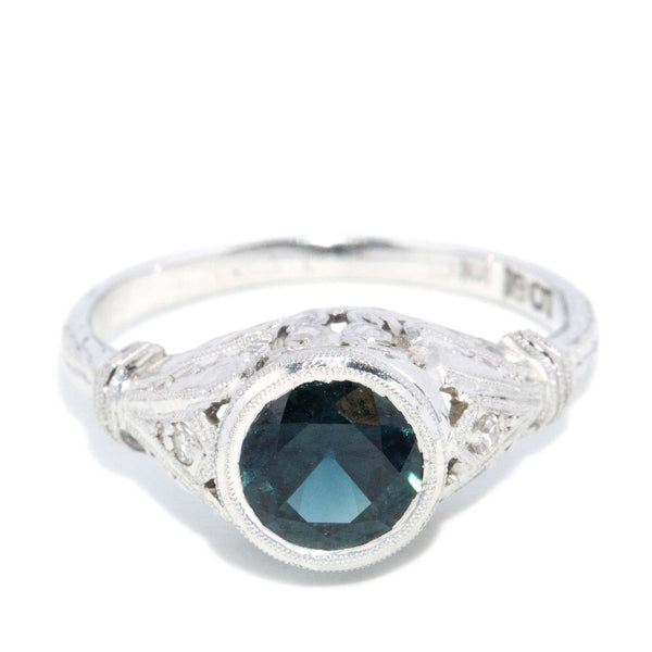 Vintage Circa 1940s Teal Sapphire & Diamond Ring 18 Carat White Gold