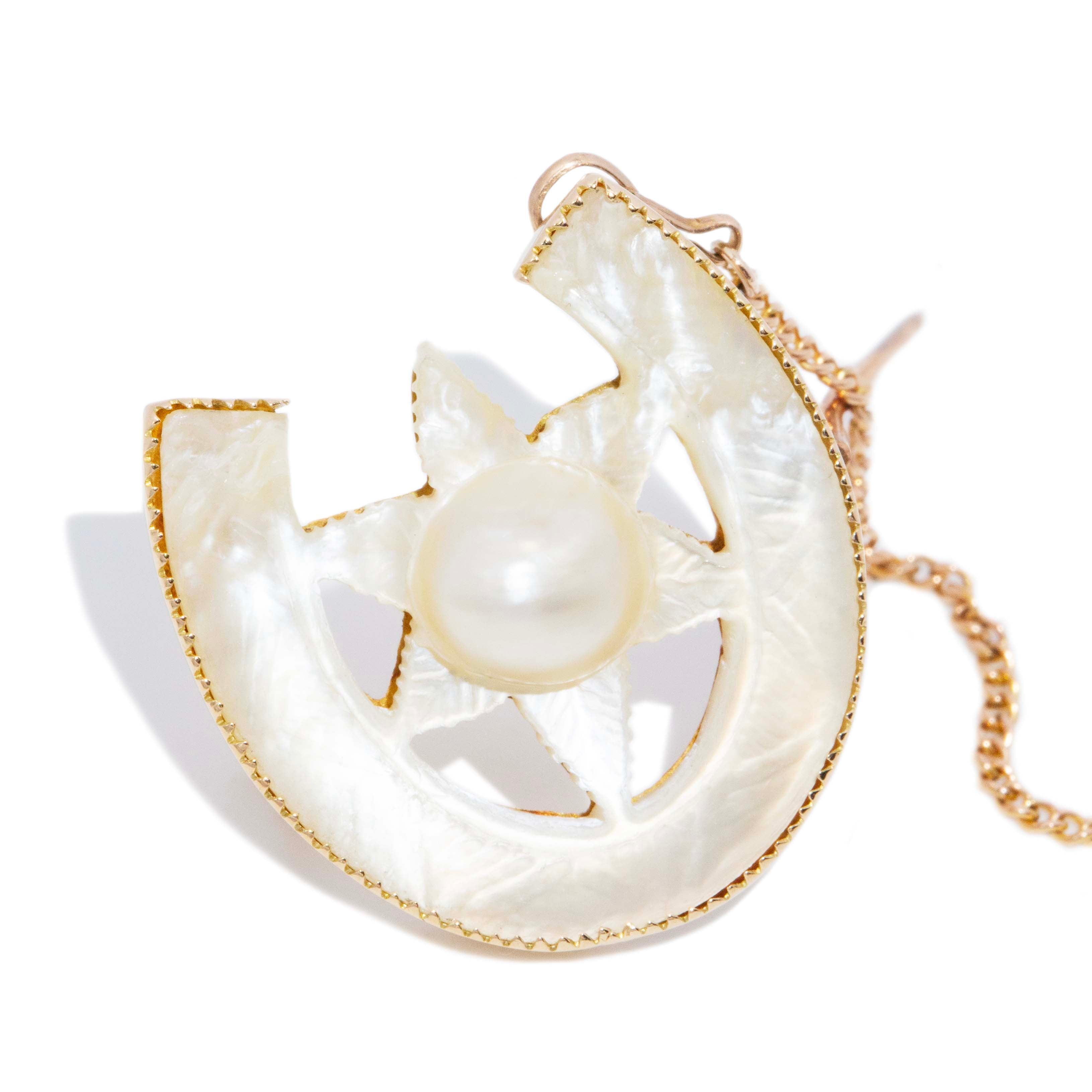 Miriam 1930s Mother of Pearl Horseshoe Brooch 15ct Gold Brooches Imperial Jewellery 