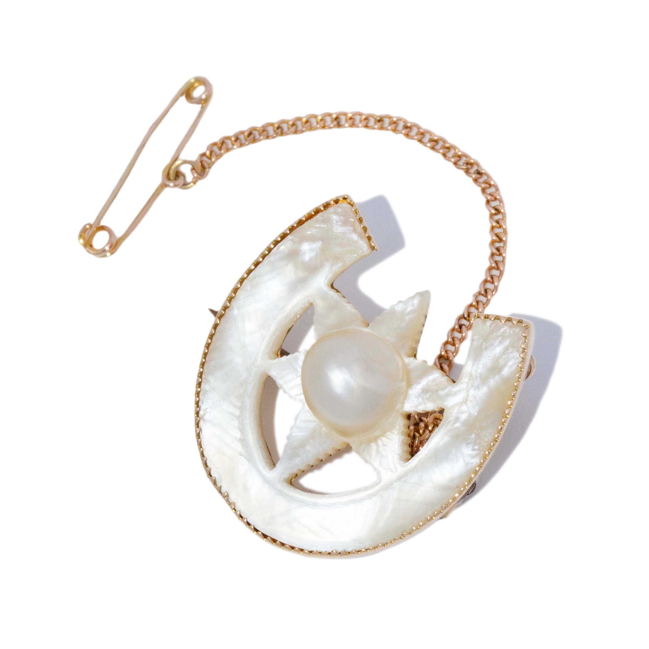 Miriam 1930s Mother of Pearl Horseshoe Brooch 15ct Gold Brooches Imperial Jewellery 