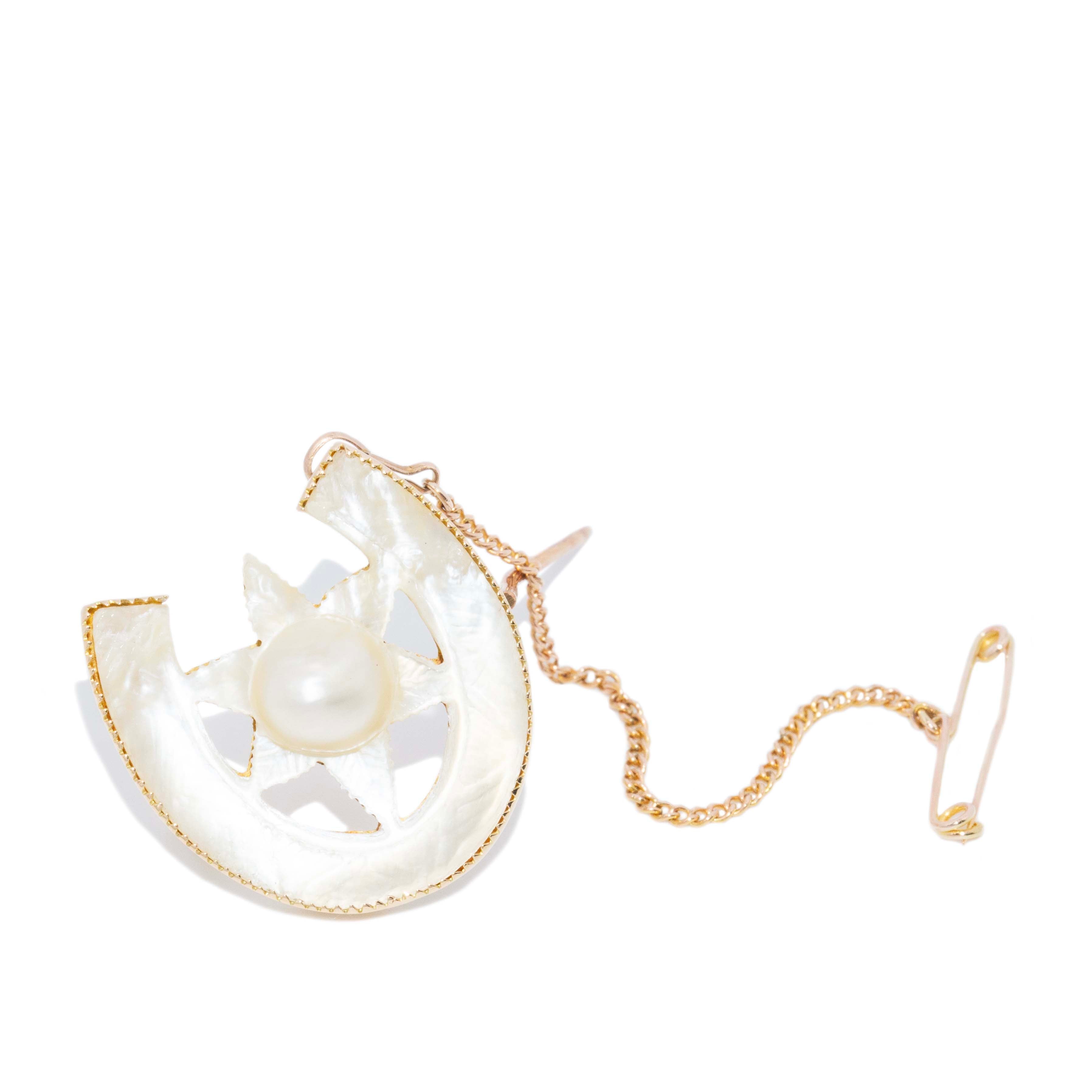 Miriam 1930s Mother of Pearl Horseshoe Brooch 15ct Gold Brooches Imperial Jewellery 