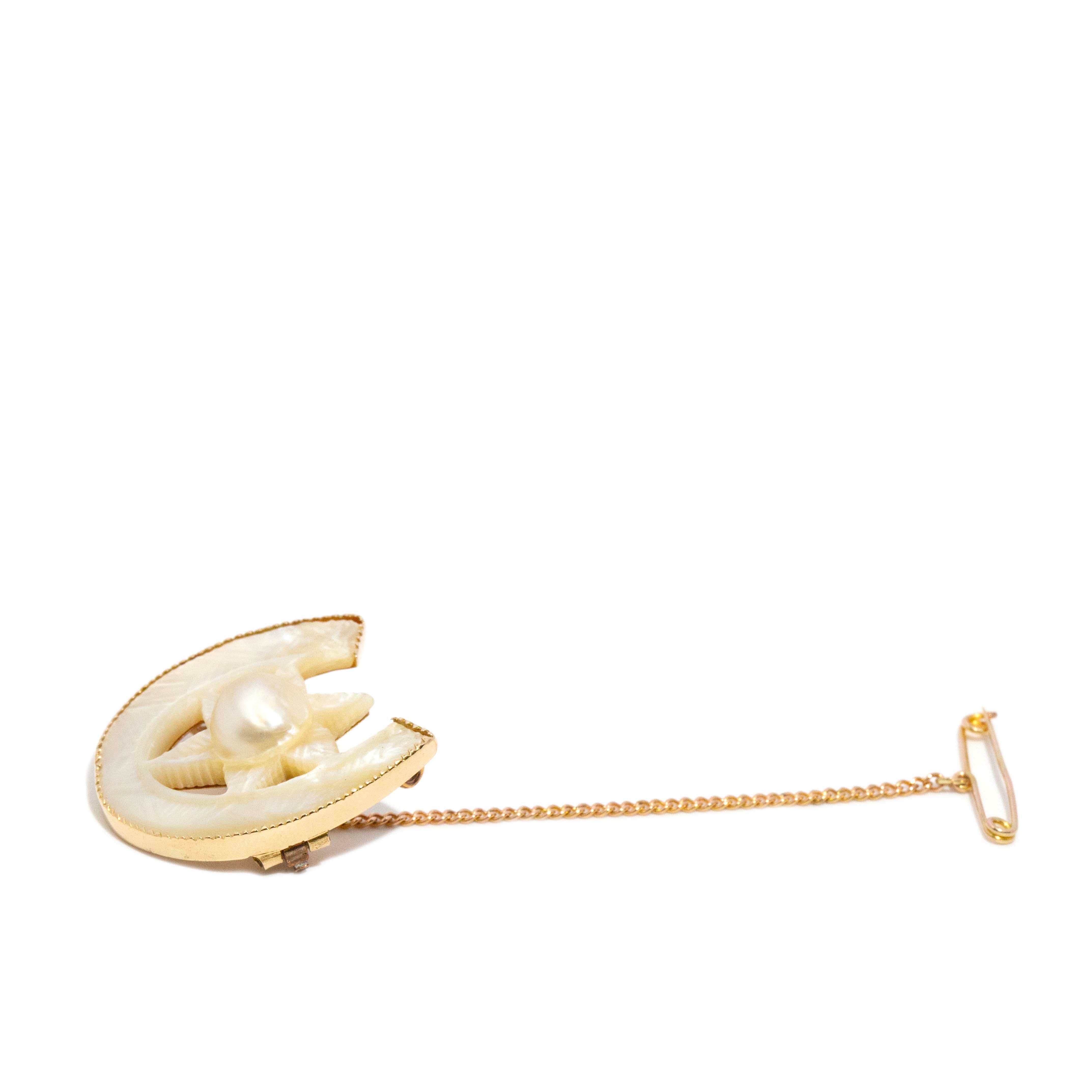 Miriam 1930s Mother of Pearl Horseshoe Brooch 15ct Gold Brooches Imperial Jewellery 
