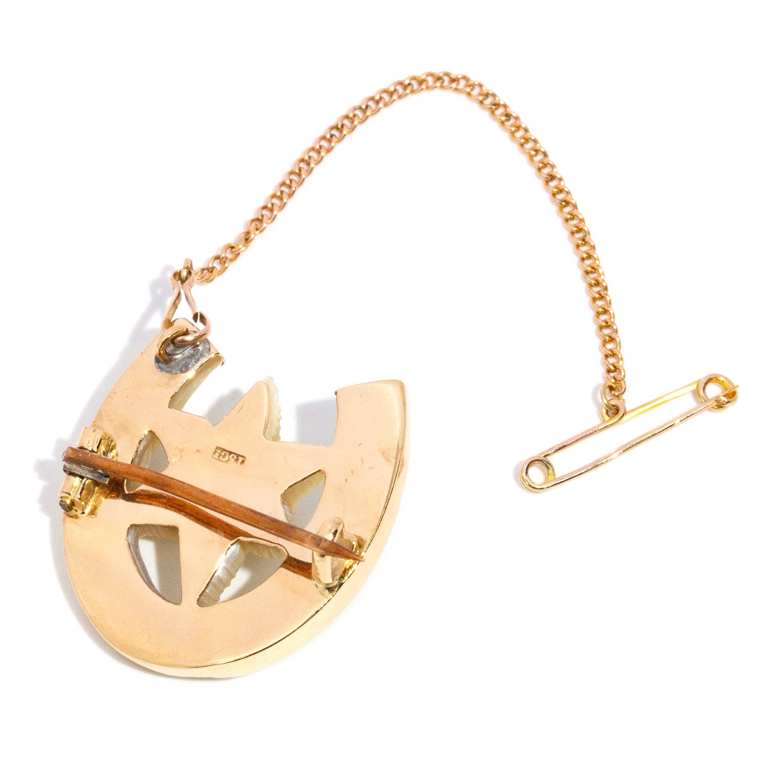 Miriam 1930s Mother of Pearl Horseshoe Brooch 15ct Gold Brooches Imperial Jewellery 