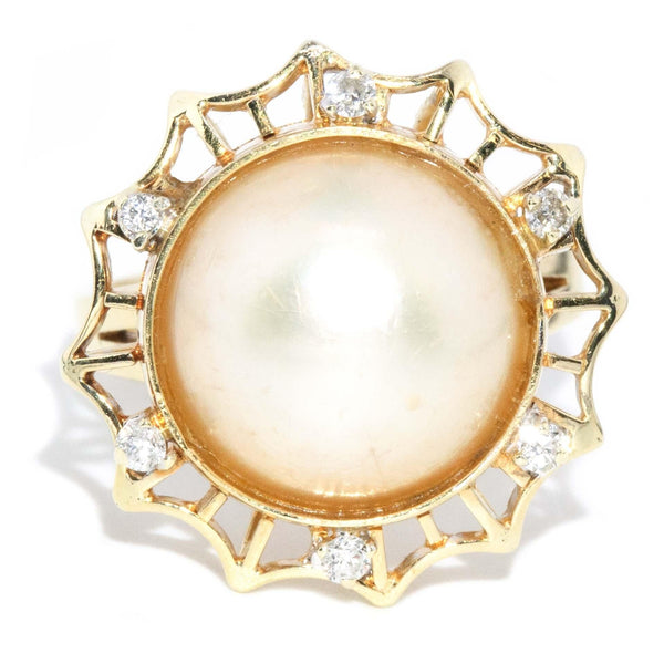 Vintage Circa 1950s Pearl and Diamond Halo Ring 14 Carat Gold
