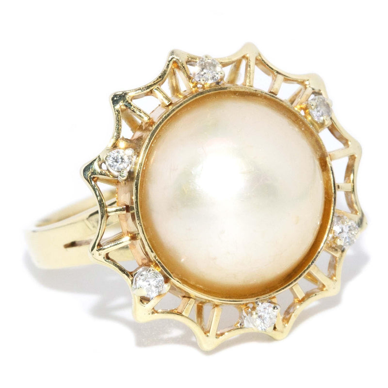 Vintage Circa 1950s Pearl and Diamond Halo Ring 14 Carat Gold