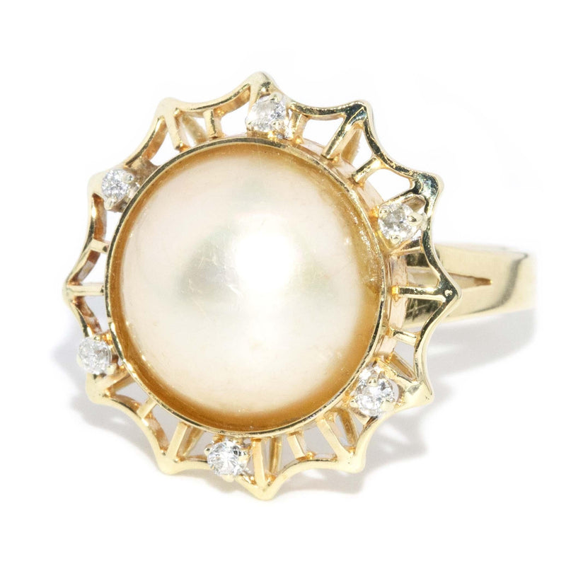 Vintage Circa 1950s Pearl and Diamond Halo Ring 14 Carat Gold