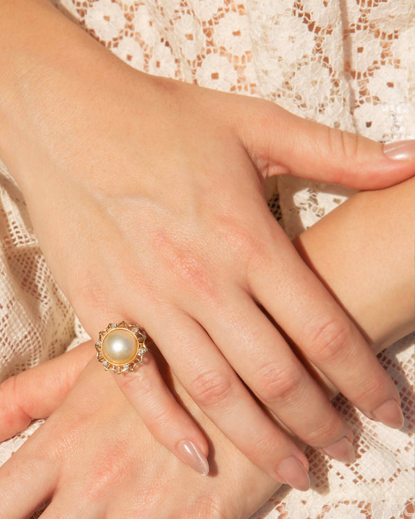 Miriam 1950s Pearl and Diamond Halo Ring 14ct Yellow Gold Ring Imperial Jewellery 