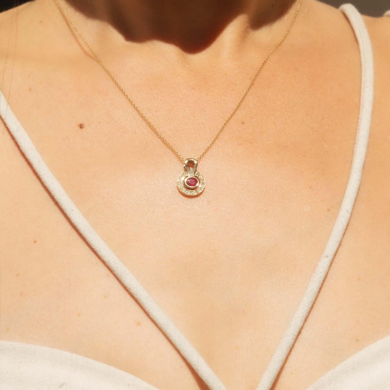 Vintage Circa 1990s Ruby & Diamond Pendant 9 Carat Gold