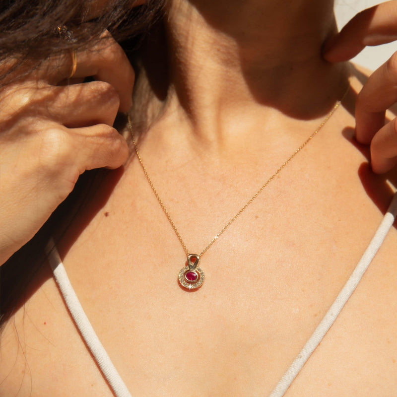 Vintage Circa 1990s Ruby & Diamond Pendant 9 Carat Gold