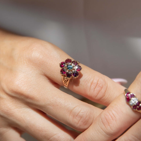 Vintage Circa 1980s Garnet Sapphire Cluster Ring 18 Carat Rose Gold