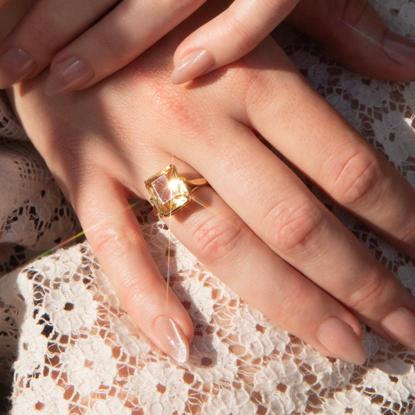Nell 1970s Emerald Cut Citrine Cocktail Ring 14ct Yellow Gold Ring Imperial Jewellery 