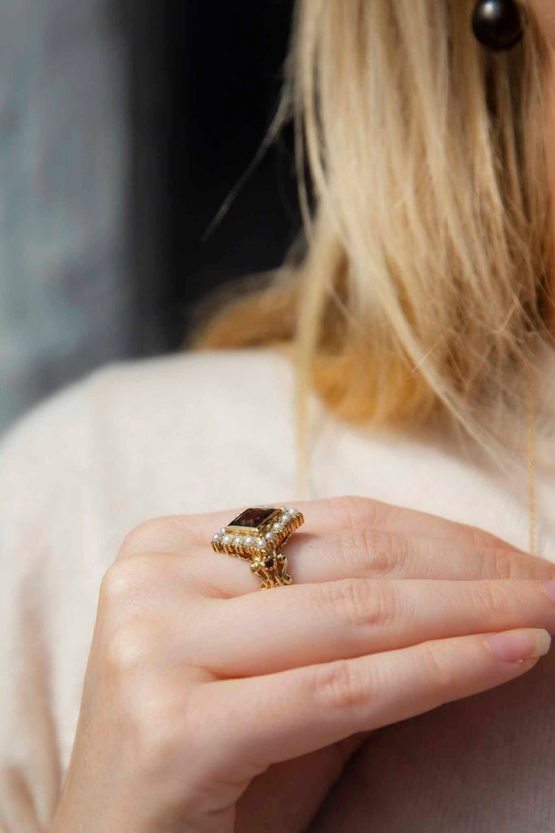 Nellie 1980s Smoky Quartz & Pearl Ring 9ct Gold Rings Imperial Jewellery 