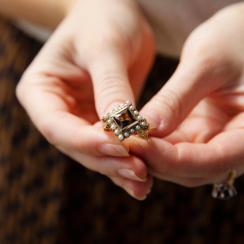 Nellie 1980s Smoky Quartz & Pearl Ring 9ct Gold Rings Imperial Jewellery 