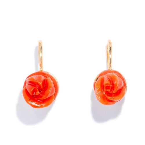 Nera Carved Red Coral Flower Earrings 18K Yellow Gold