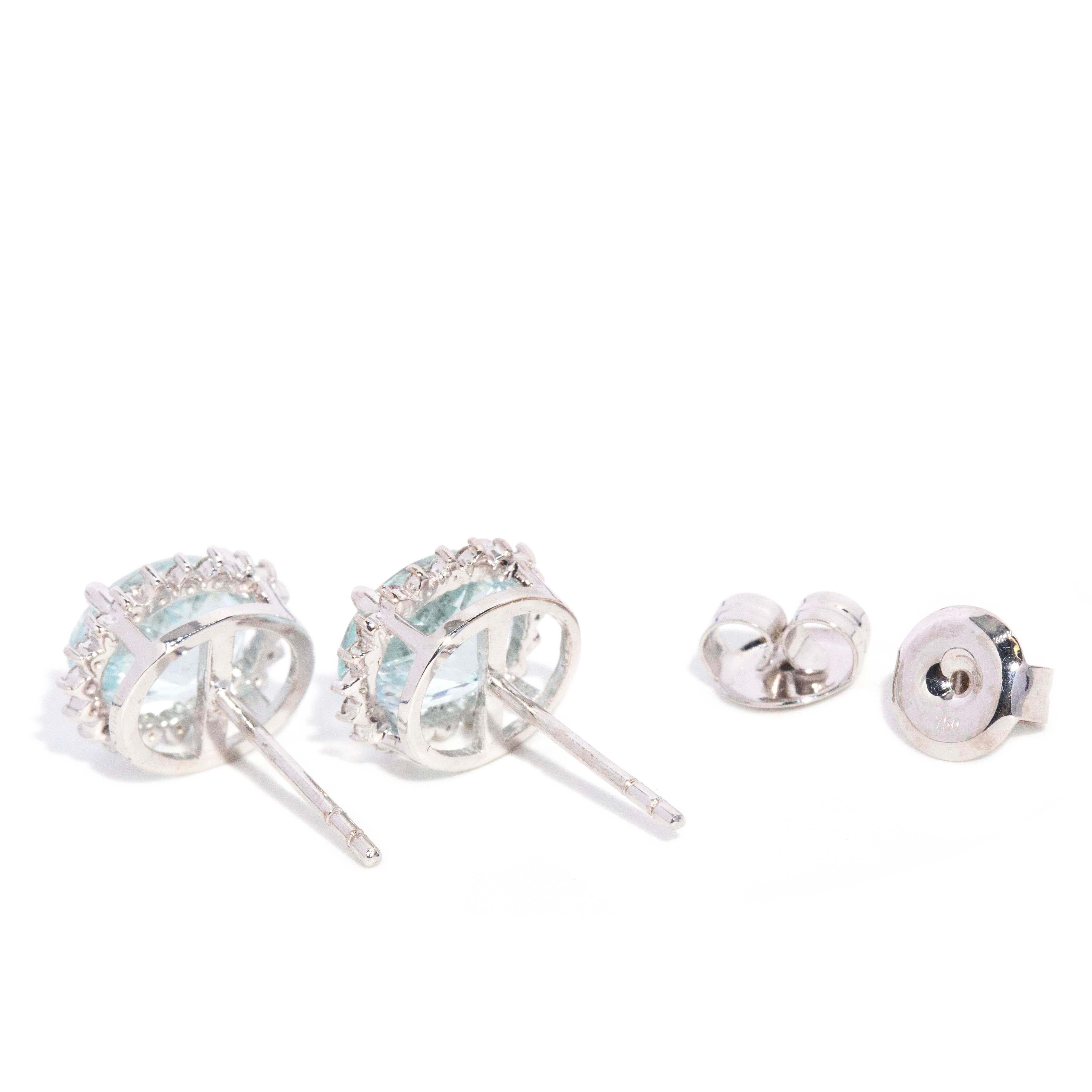 Nera Aquamarine & Diamond Halo Studs 18ct White Gold Earrings Imperial Jewellery 