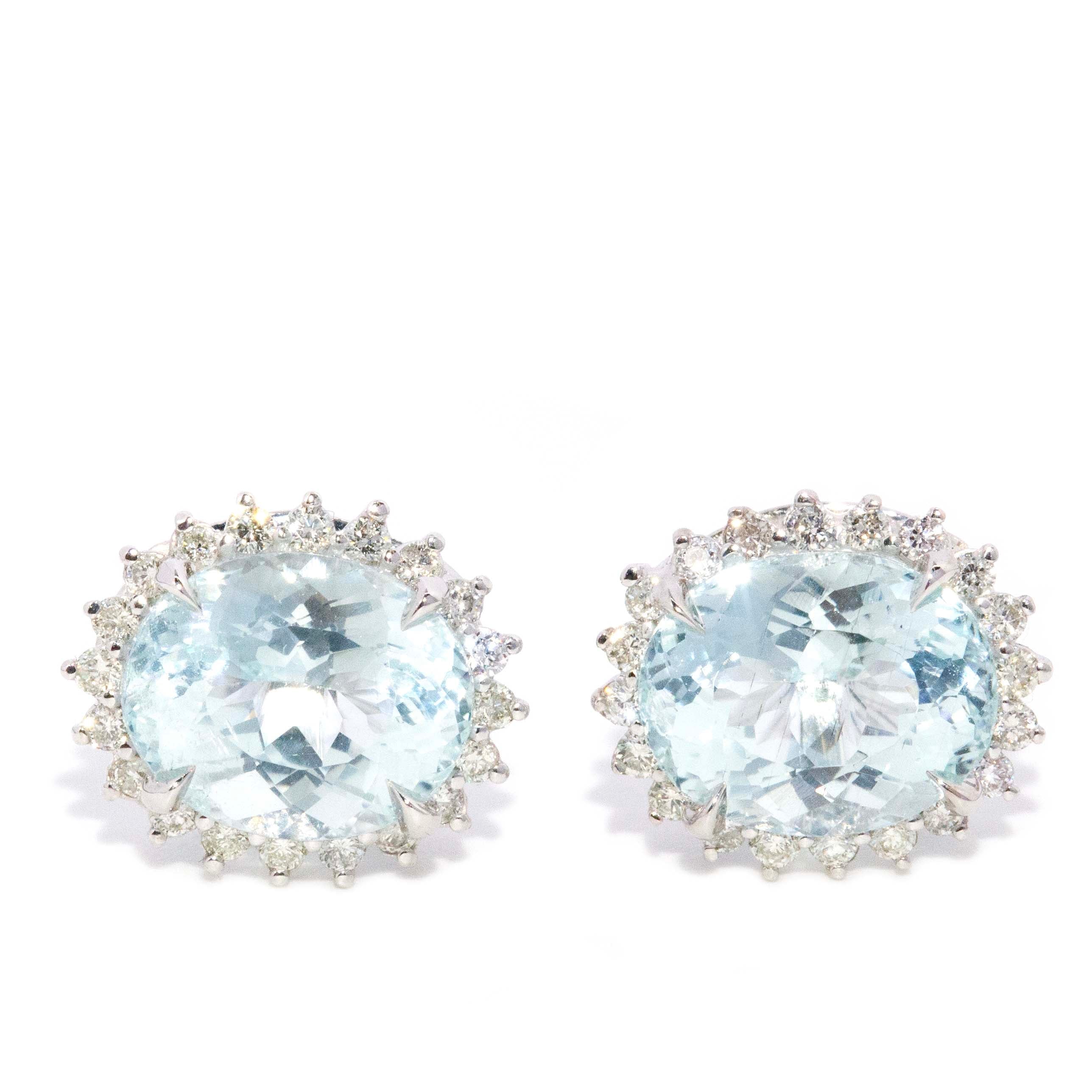 Nera Aquamarine & Diamond Halo Studs 18ct White Gold Earrings Imperial Jewellery 