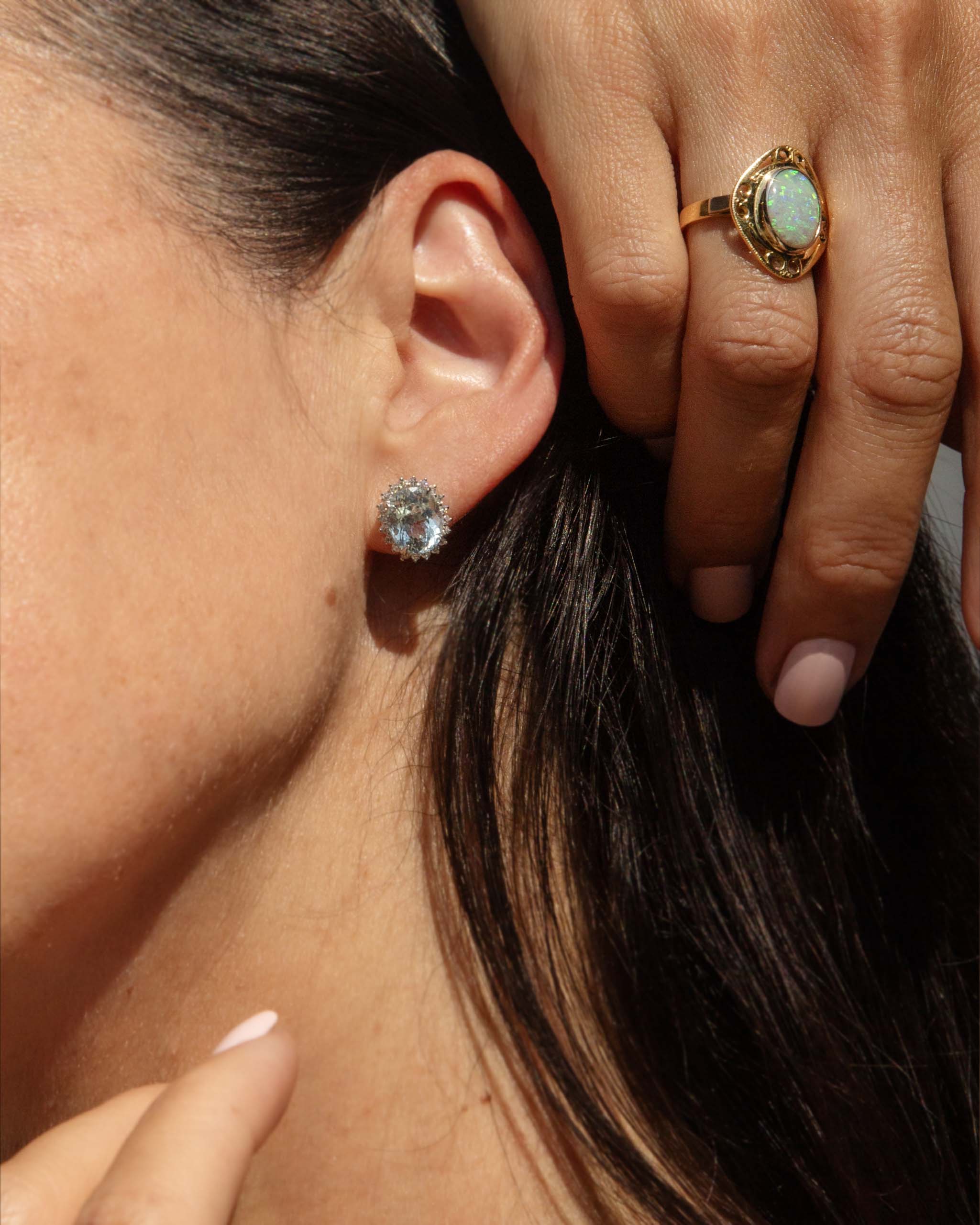 Nera Aquamarine & Diamond Halo Studs 18ct White Gold Earrings Imperial Jewellery 
