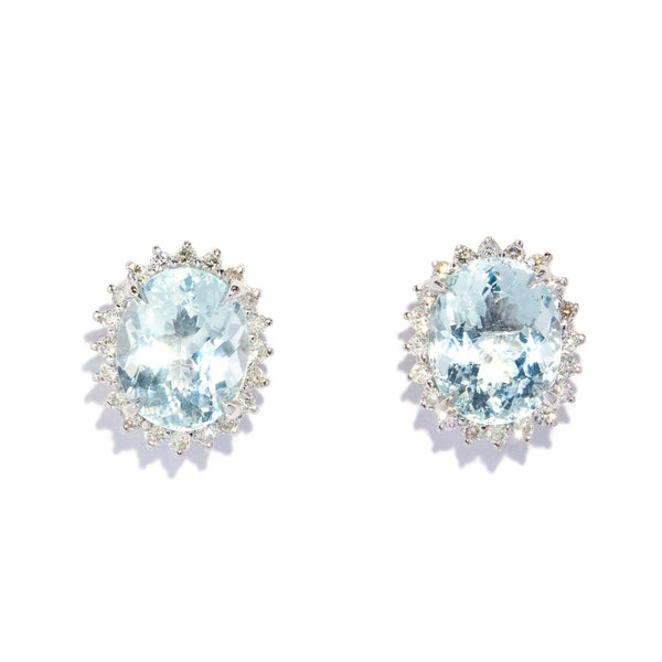 Nera Aquamarine & Diamond Halo Studs 18ct White Gold Earrings Imperial Jewellery 