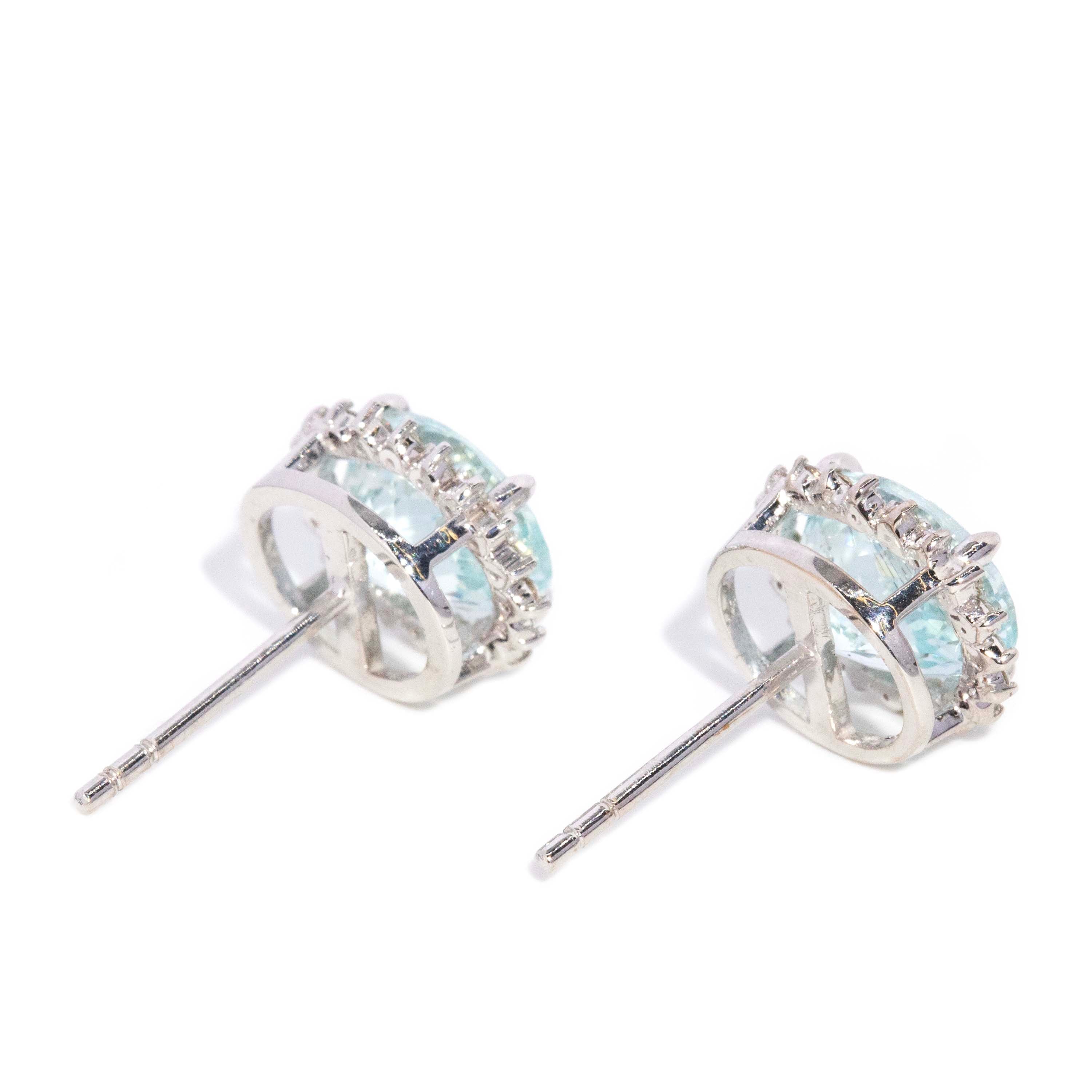 Nera Aquamarine & Diamond Halo Studs 18ct White Gold Earrings Imperial Jewellery 