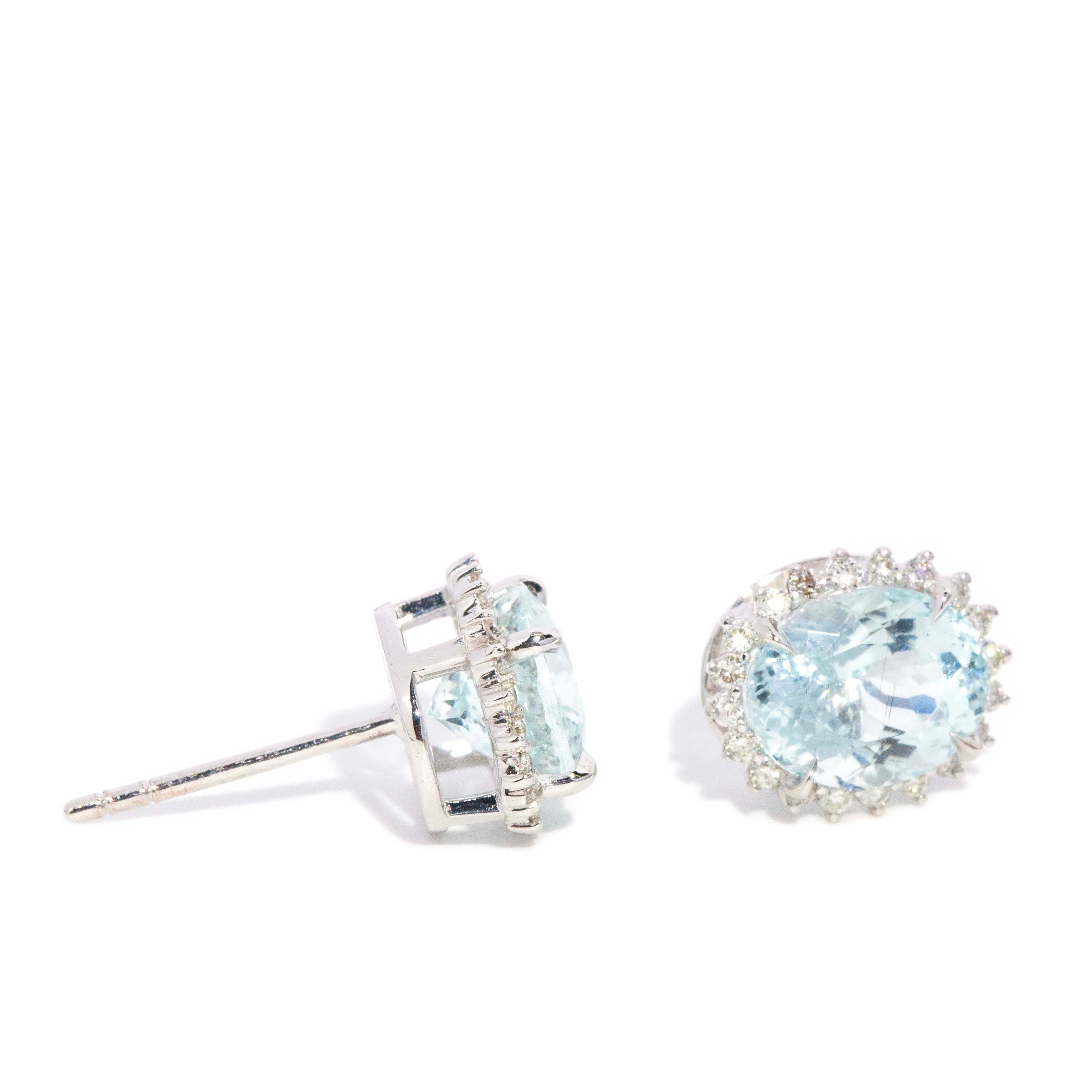 Nera Aquamarine & Diamond Halo Studs 18ct White Gold Earrings Imperial Jewellery 