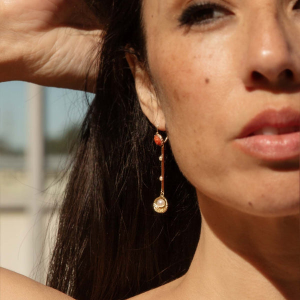 Nerida Seafeather Pearl & Coral Drop Earrings 14ct Gold Earrings Imperial Jewellery 