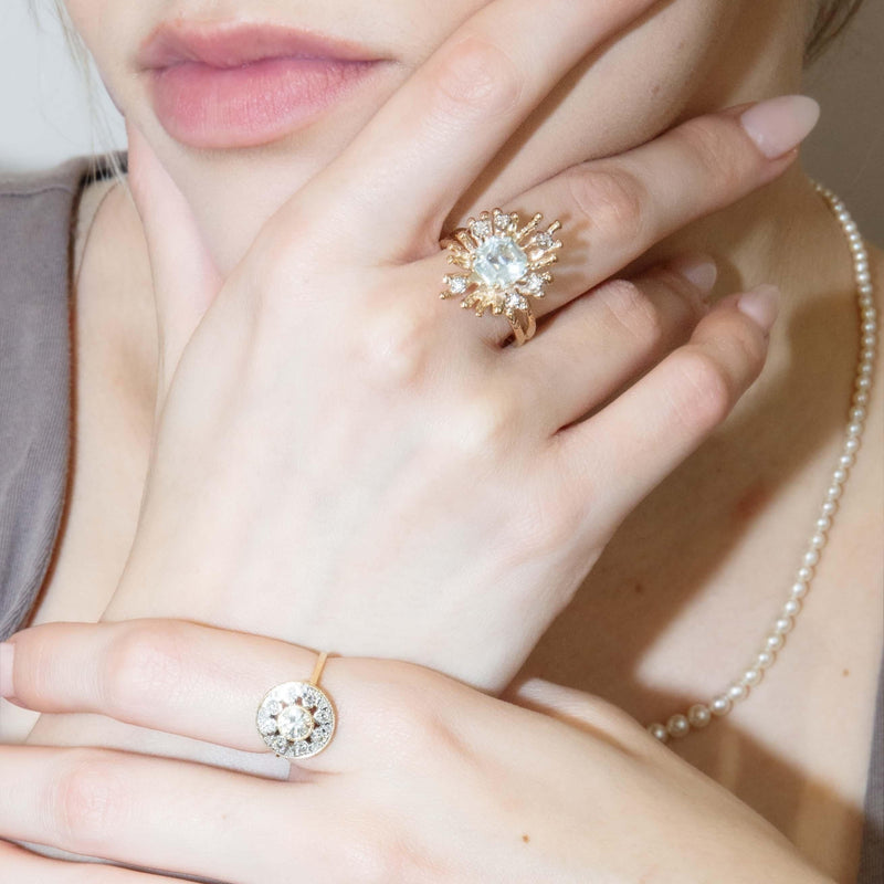 Vintage Circa 1970s Aquamarine & Diamond Ring 9 Carat Gold