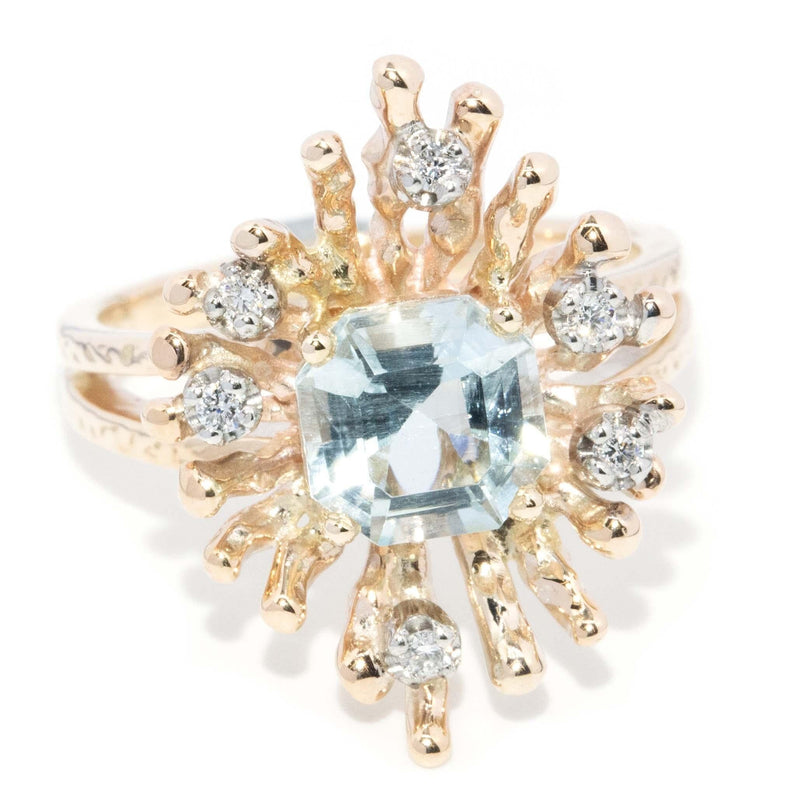 Vintage Circa 1970s Aquamarine & Diamond Ring 9 Carat Gold