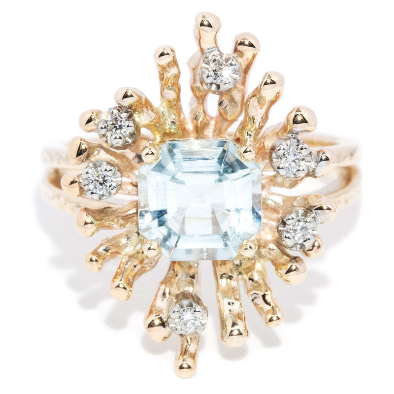 Vintage Circa 1970s Aquamarine & Diamond Ring 9 Carat Gold