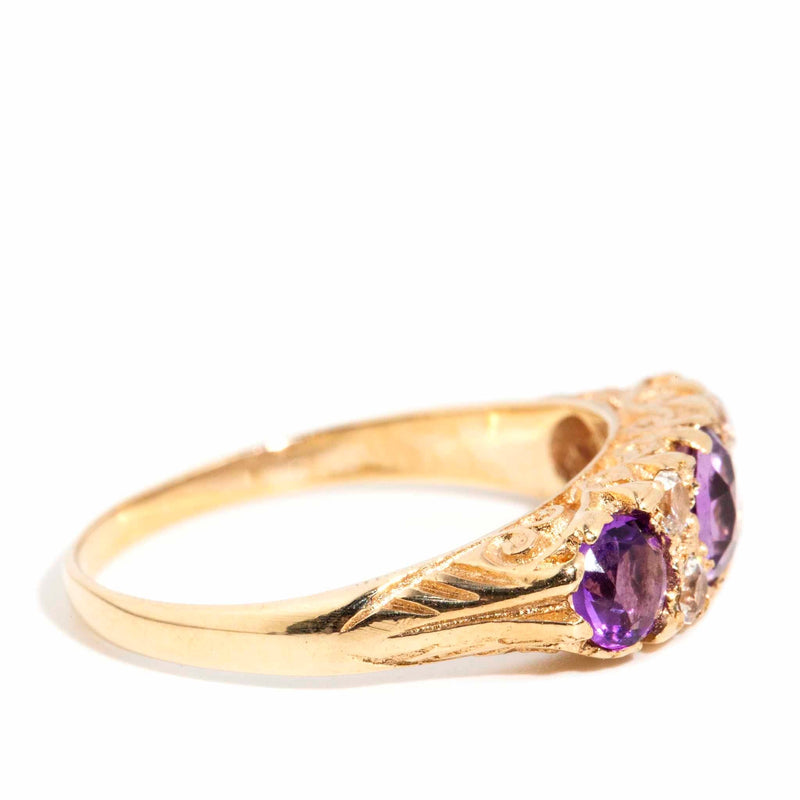 Noomi 1990s Amethyst & Topaz London Bridge Ring 9ct Gold Rings Imperial Jewellery 