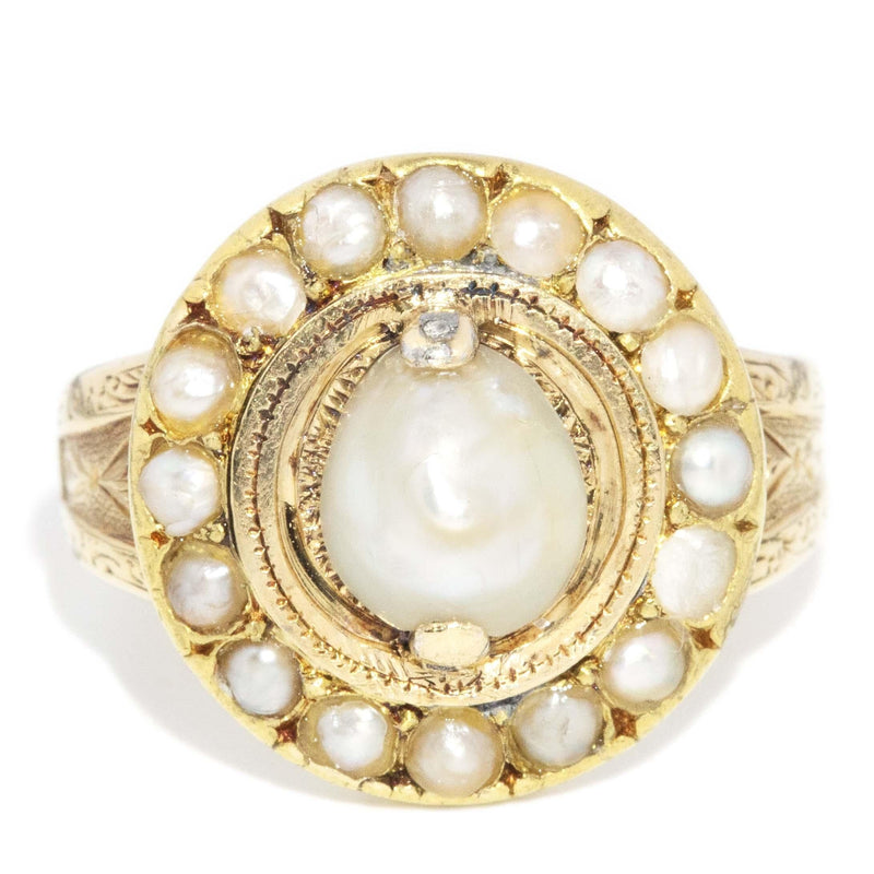 Victorian Antique Semi Baroque Pearl Halo Ring 18 Carat Gold