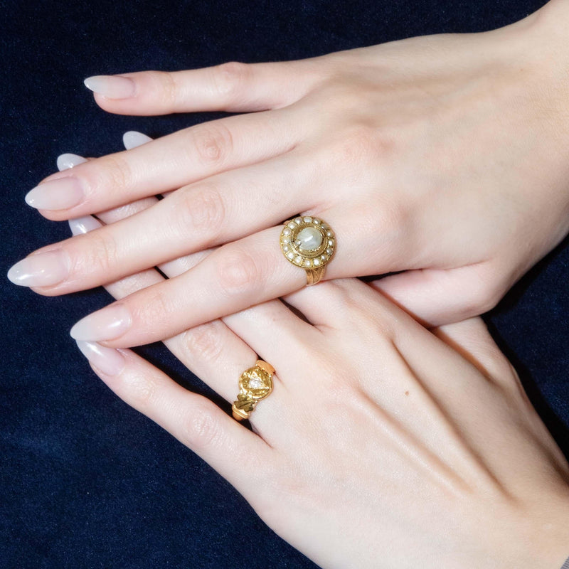 Victorian Antique Semi Baroque Pearl Halo Ring 18 Carat Gold