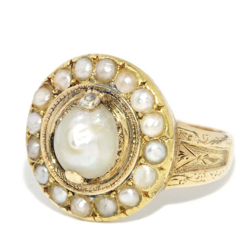 Victorian Antique Semi Baroque Pearl Halo Ring 18 Carat Gold