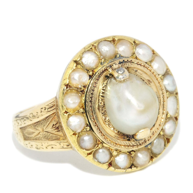 Victorian Antique Semi Baroque Pearl Halo Ring 18 Carat Gold