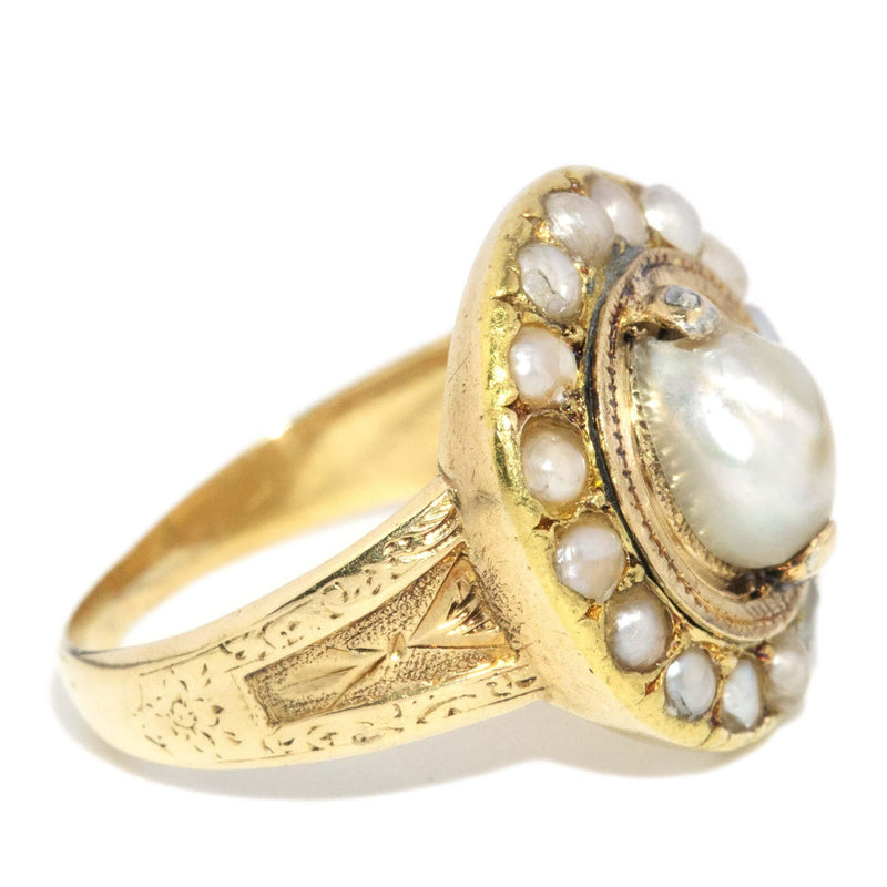 Victorian Antique Semi Baroque Pearl Halo Ring 18 Carat Gold