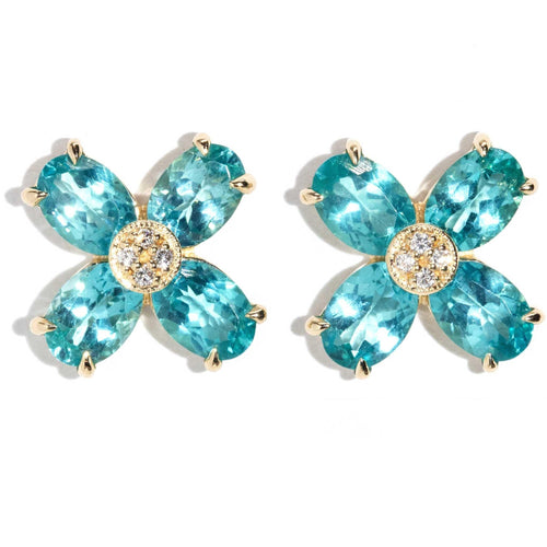 Ocean Breeze Apatite & Diamond Flower Studs 9K Yellow Gold