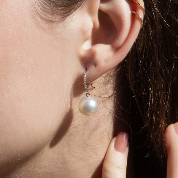 Contemporary South Sea Pearl & Diamond Earrings 18 Carat White Gold