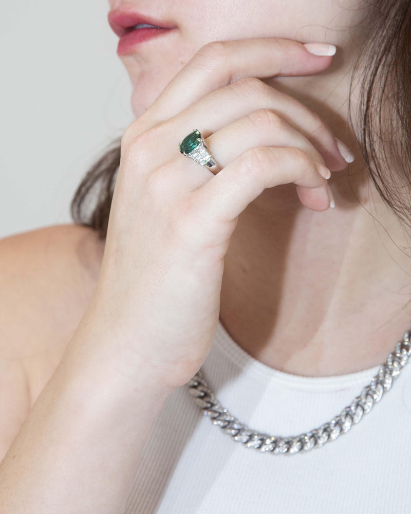 Contemporary Bright Green Tourmaline & Diamond Platinum Ring