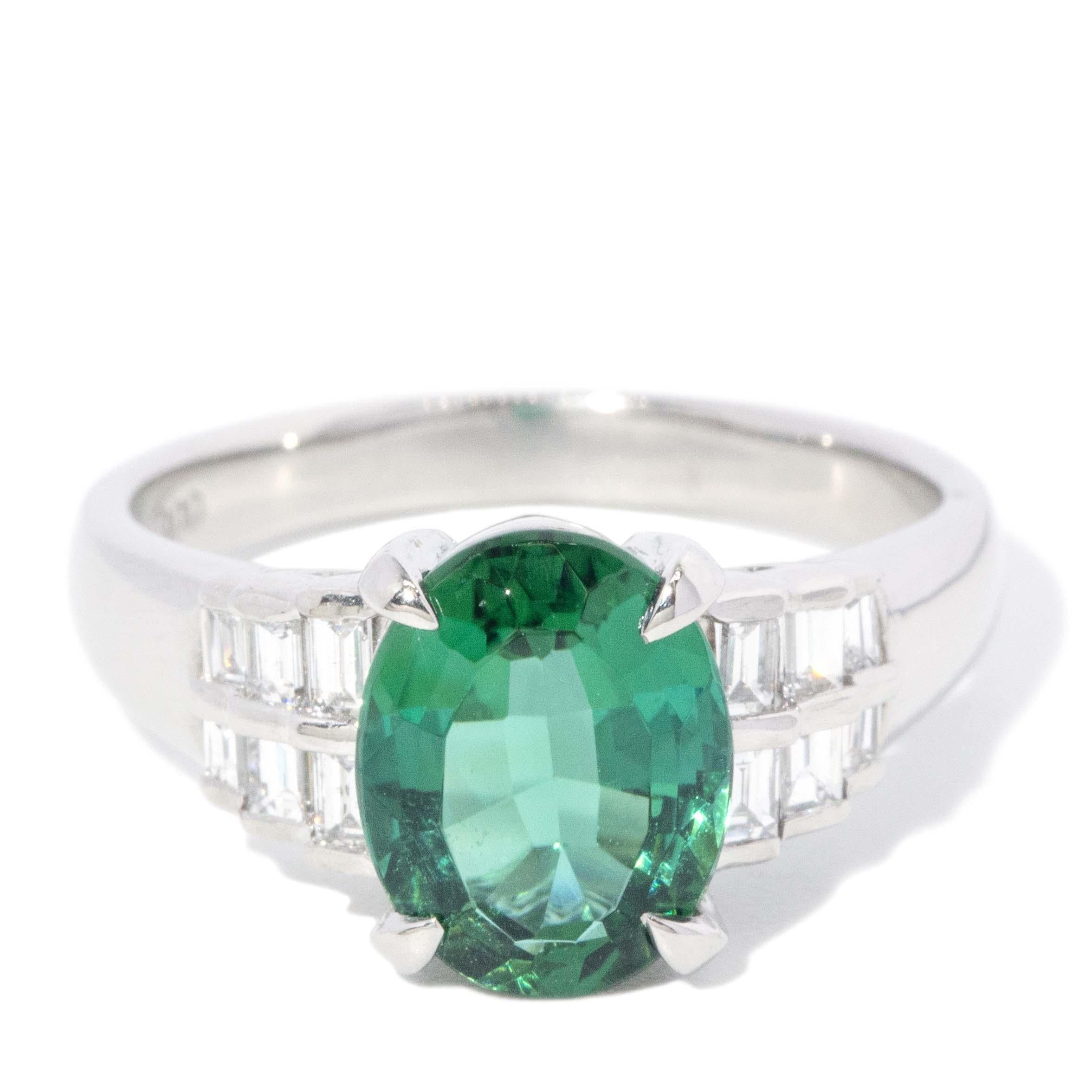 Contemporary Bright Green Tourmaline & Diamond Platinum Ring