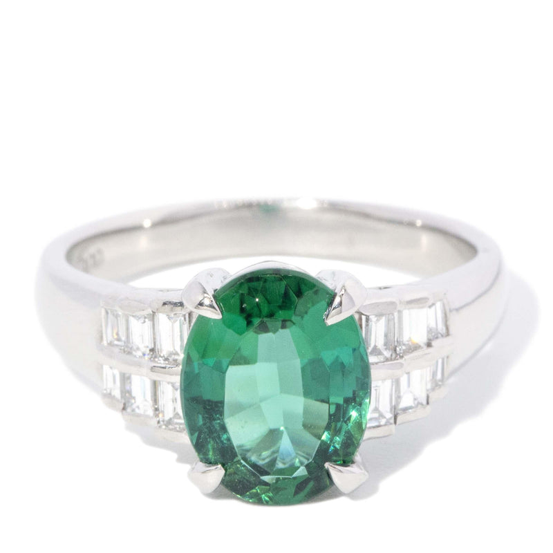 Contemporary Bright Green Tourmaline & Diamond Platinum Ring