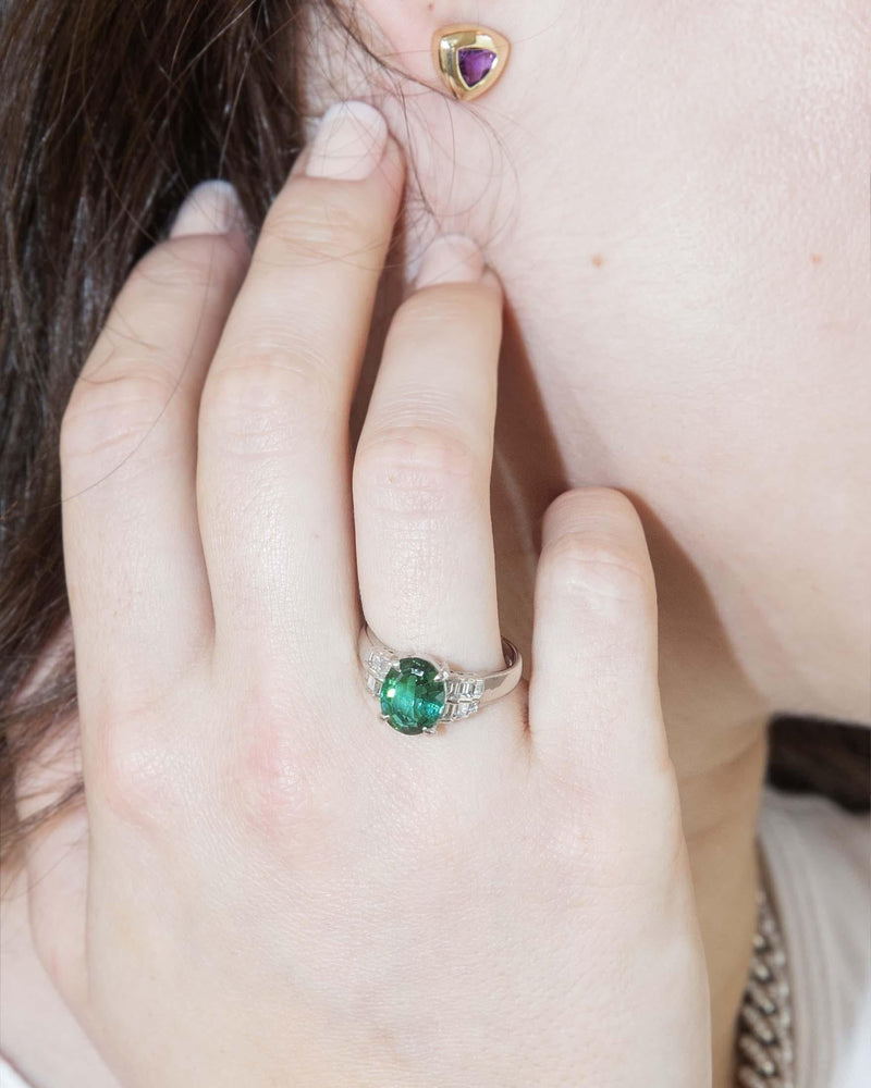 Contemporary Bright Green Tourmaline & Diamond Platinum Ring