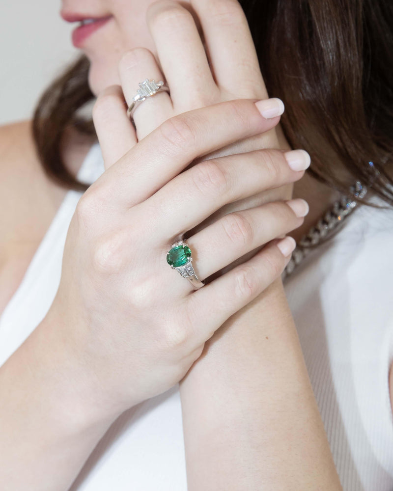 Contemporary Bright Green Tourmaline & Diamond Platinum Ring