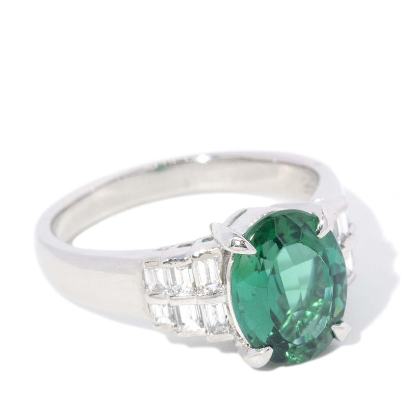 Contemporary Bright Green Tourmaline & Diamond Platinum Ring