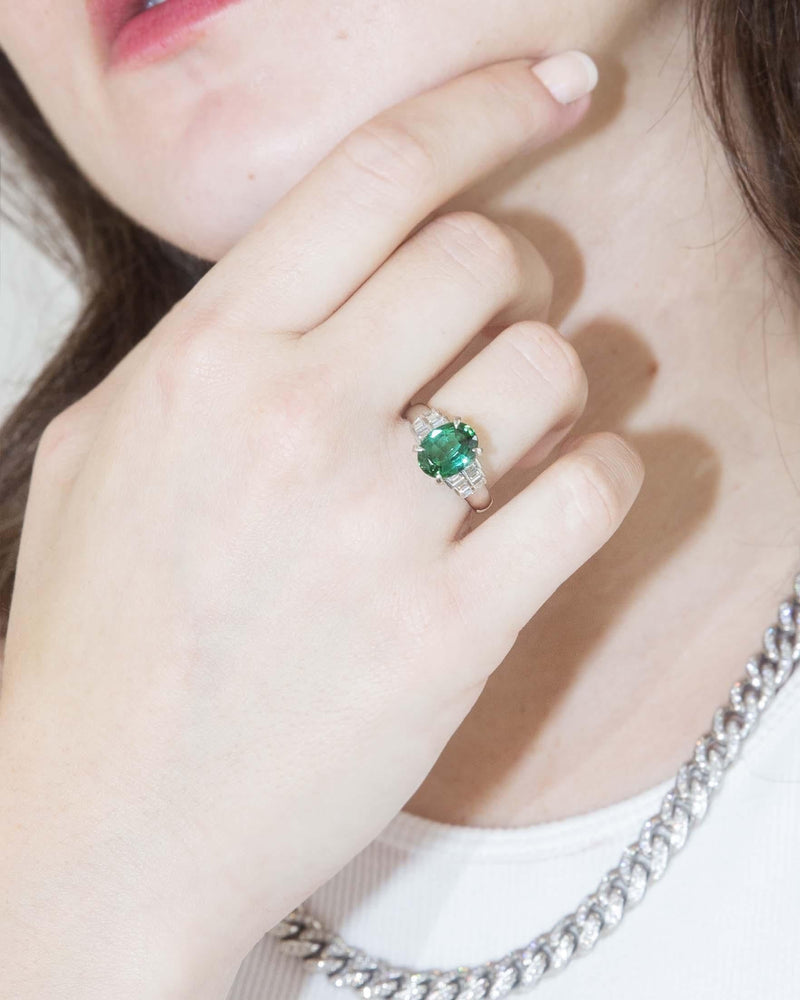 Contemporary Bright Green Tourmaline & Diamond Platinum Ring