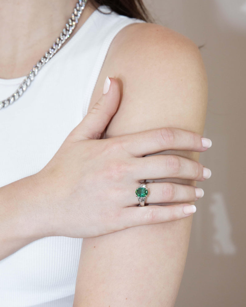 Contemporary Bright Green Tourmaline & Diamond Platinum Ring