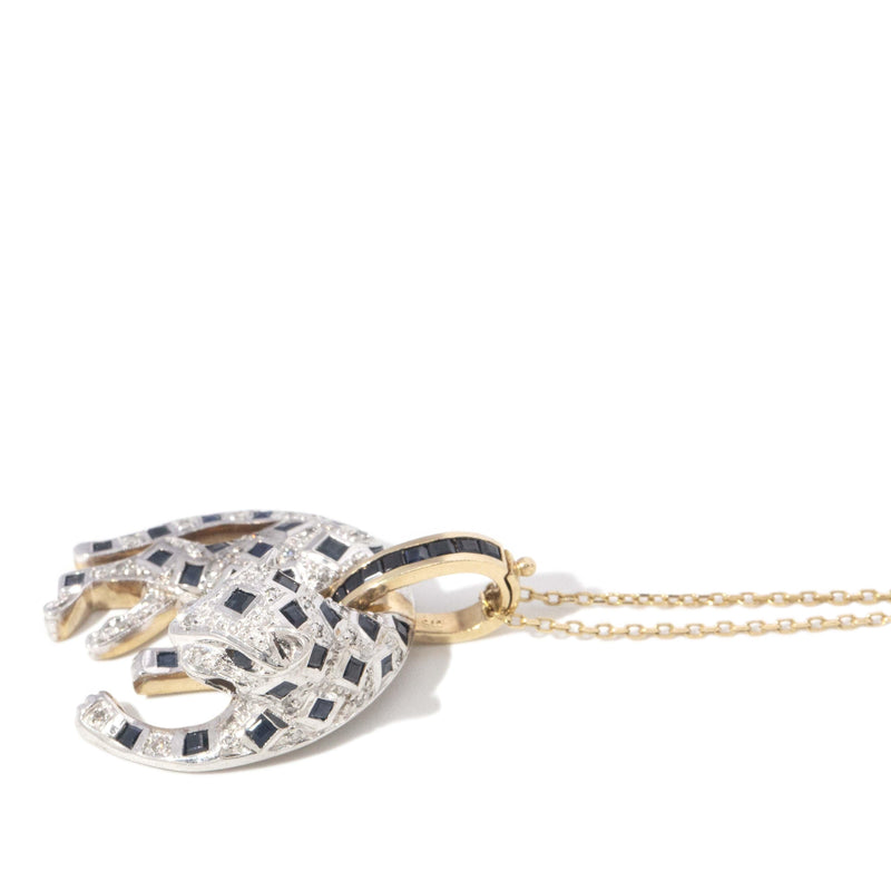Vintage Circa 1990s Sapphire Cat Pendant 9 Carat White & Yellow Gold