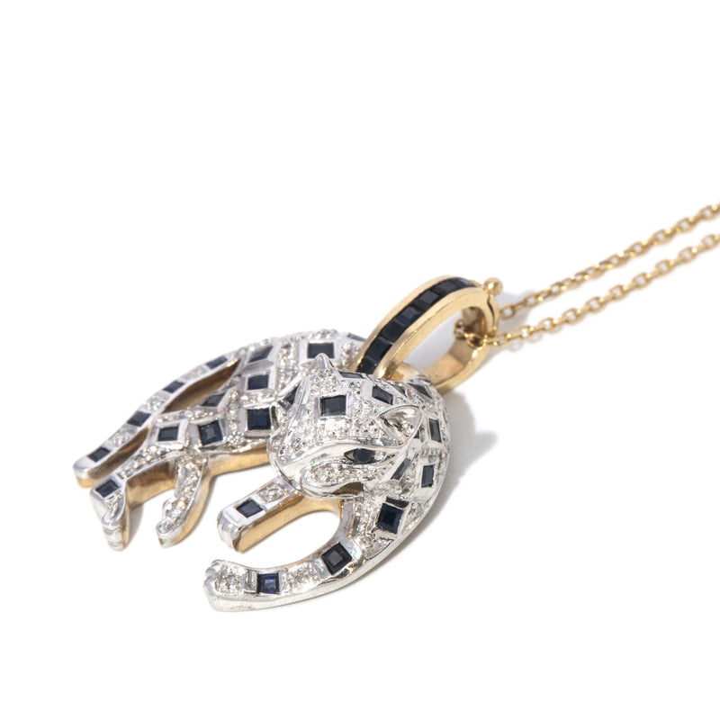 Vintage Circa 1990s Sapphire Cat Pendant 9 Carat White & Yellow Gold