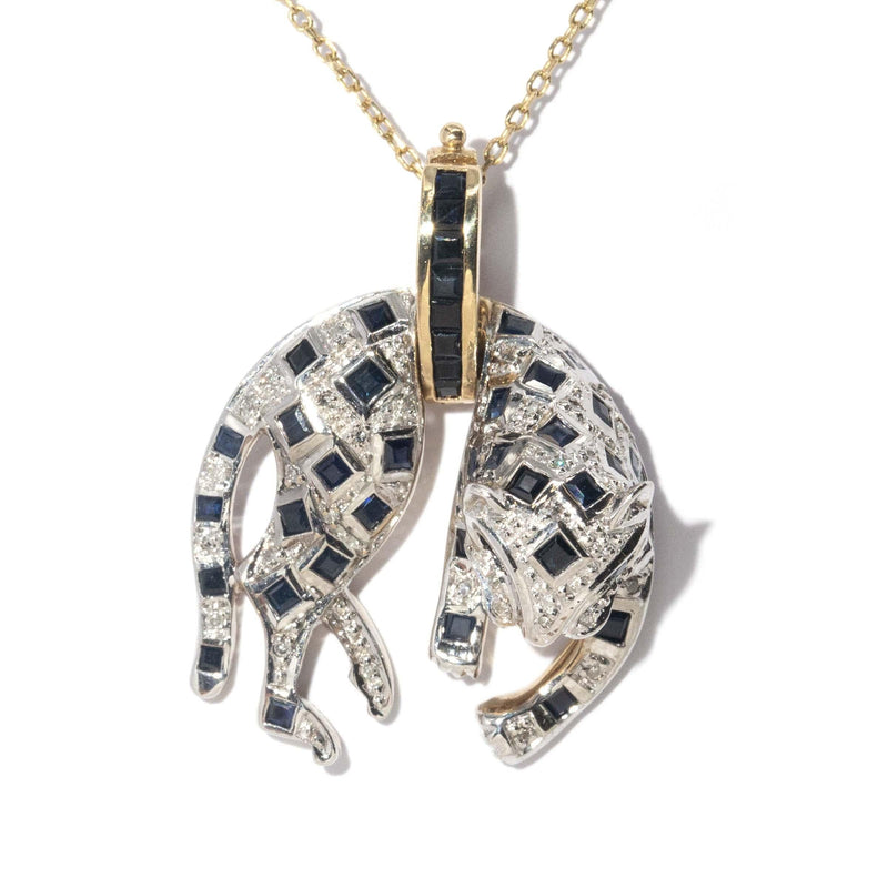 Vintage Circa 1990s Sapphire Cat Pendant 9 Carat White & Yellow Gold